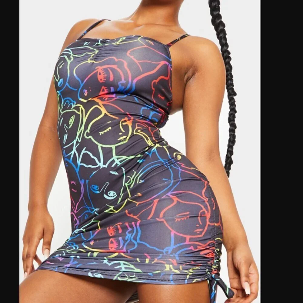 PrettyLittleThing Multi Abstract Face Print Slinky Ruched Side Bodycon Dress 6 - Picture 3 of 11